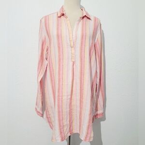 GAP Women’s Popover 100% Linen  Tunic Blouse Pink Multi Stripe Long Sleeve Large